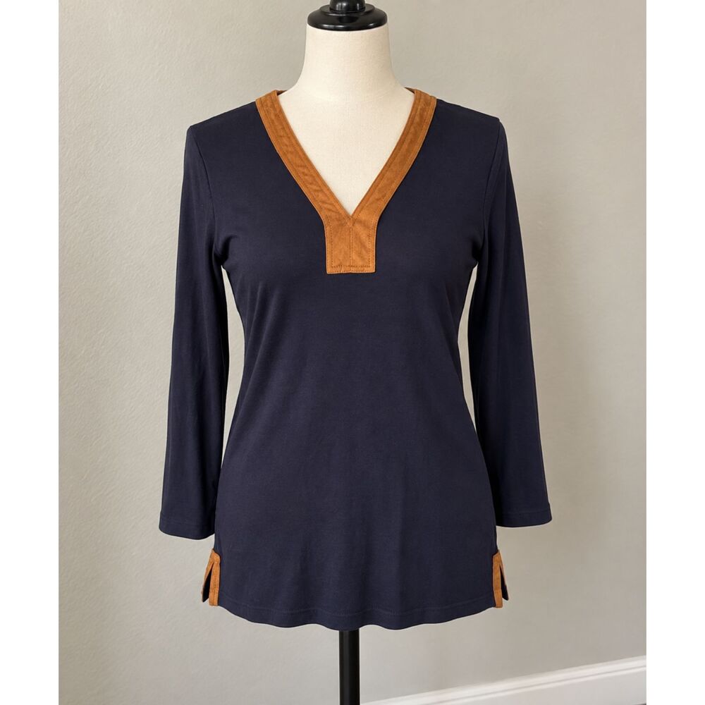 Lauren Ralph Lauren Top Women’s M Navy Blue 100% Cotton Suede Trim V Neck